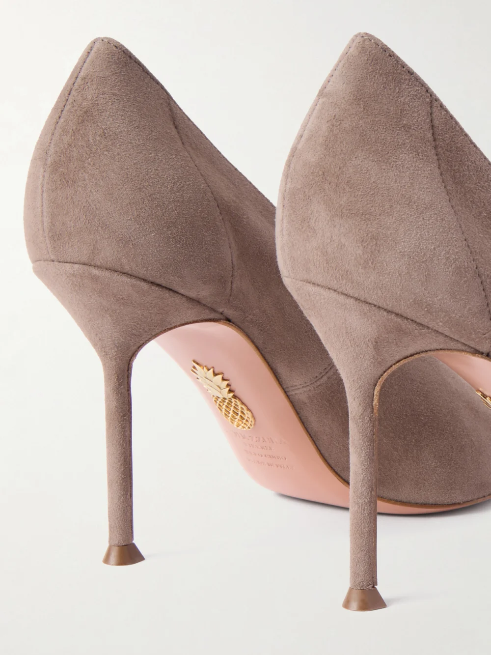 Close-up detail of the Aquazzura Voltaire 85 Suede Pumps