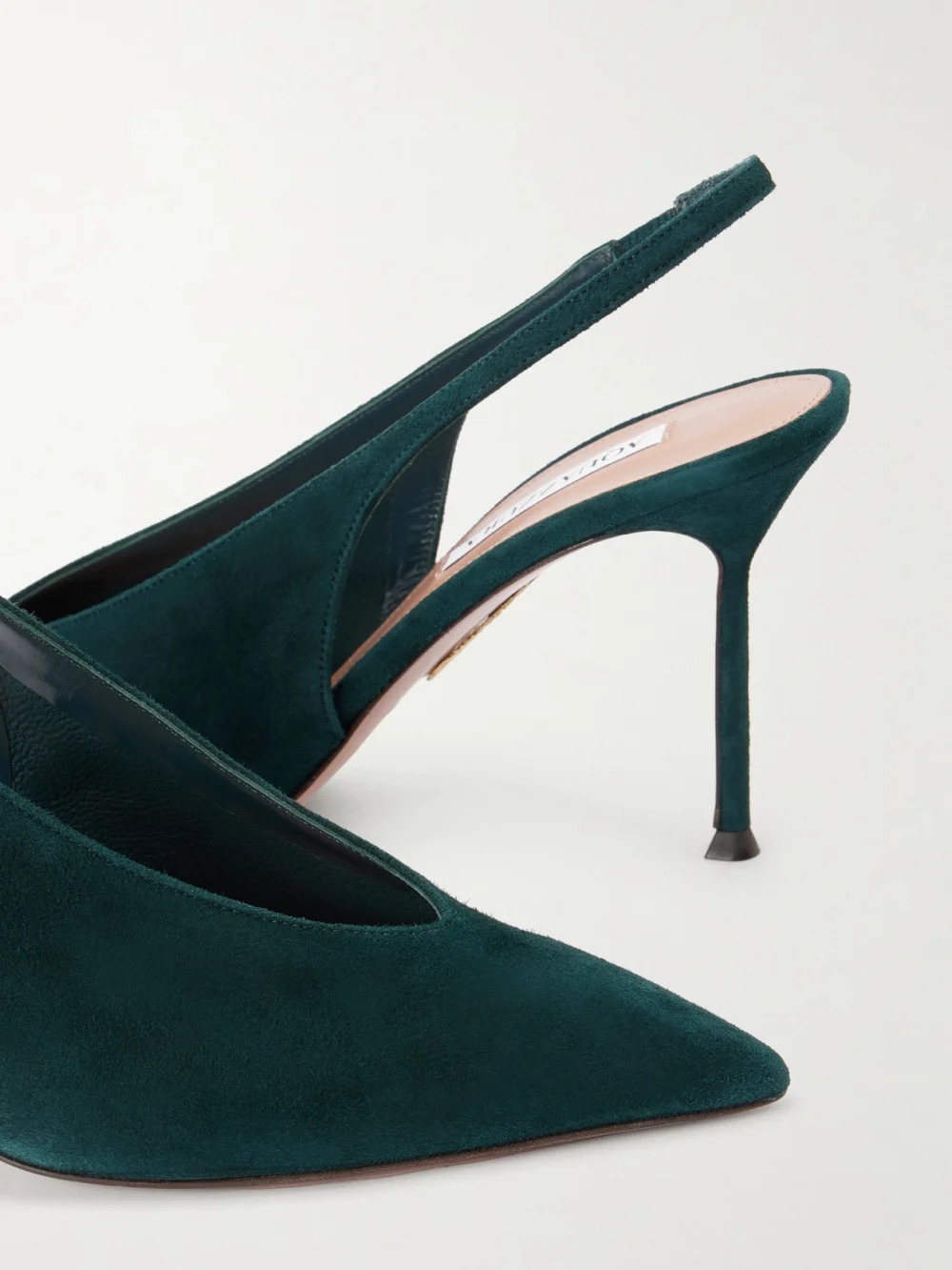 Close-up detail of the Aquazzura Voltaire 85 Suede Slingback Pumps