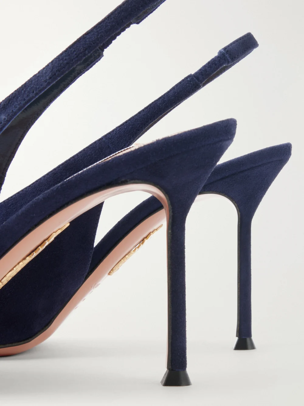 Close-up detail of the Aquazzura Voltaire 85 Suede Slingback Pumps