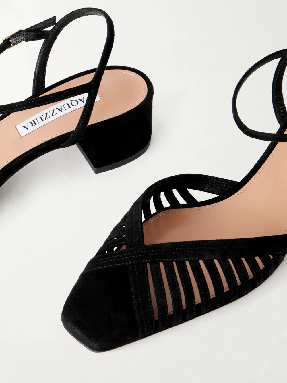 Close-up detail of the Aquazzura Yara 35 Suede Pumps