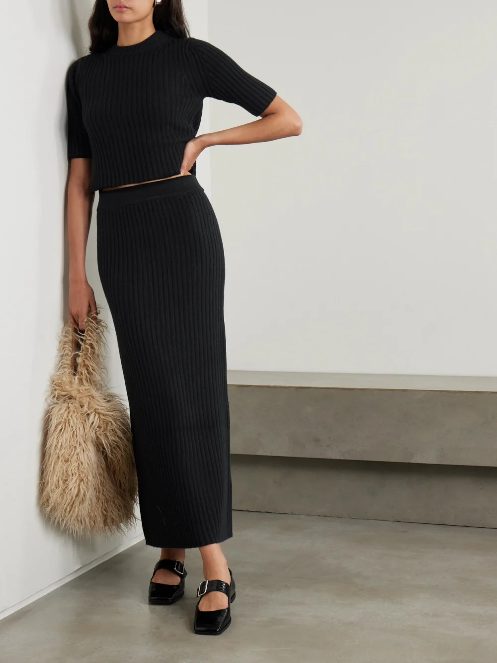 Arch4 Lisa Ribbed Cashmere Maxi Skirt, worn by a model