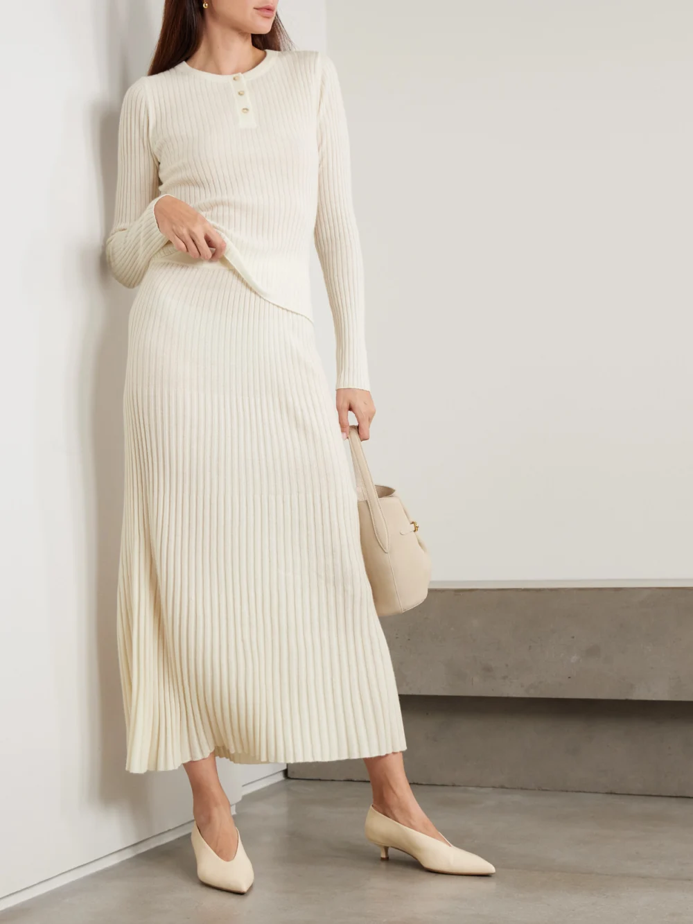 Arch4 Nillie Ribbed Organic Cashmere Midi Skirt, worn by a model