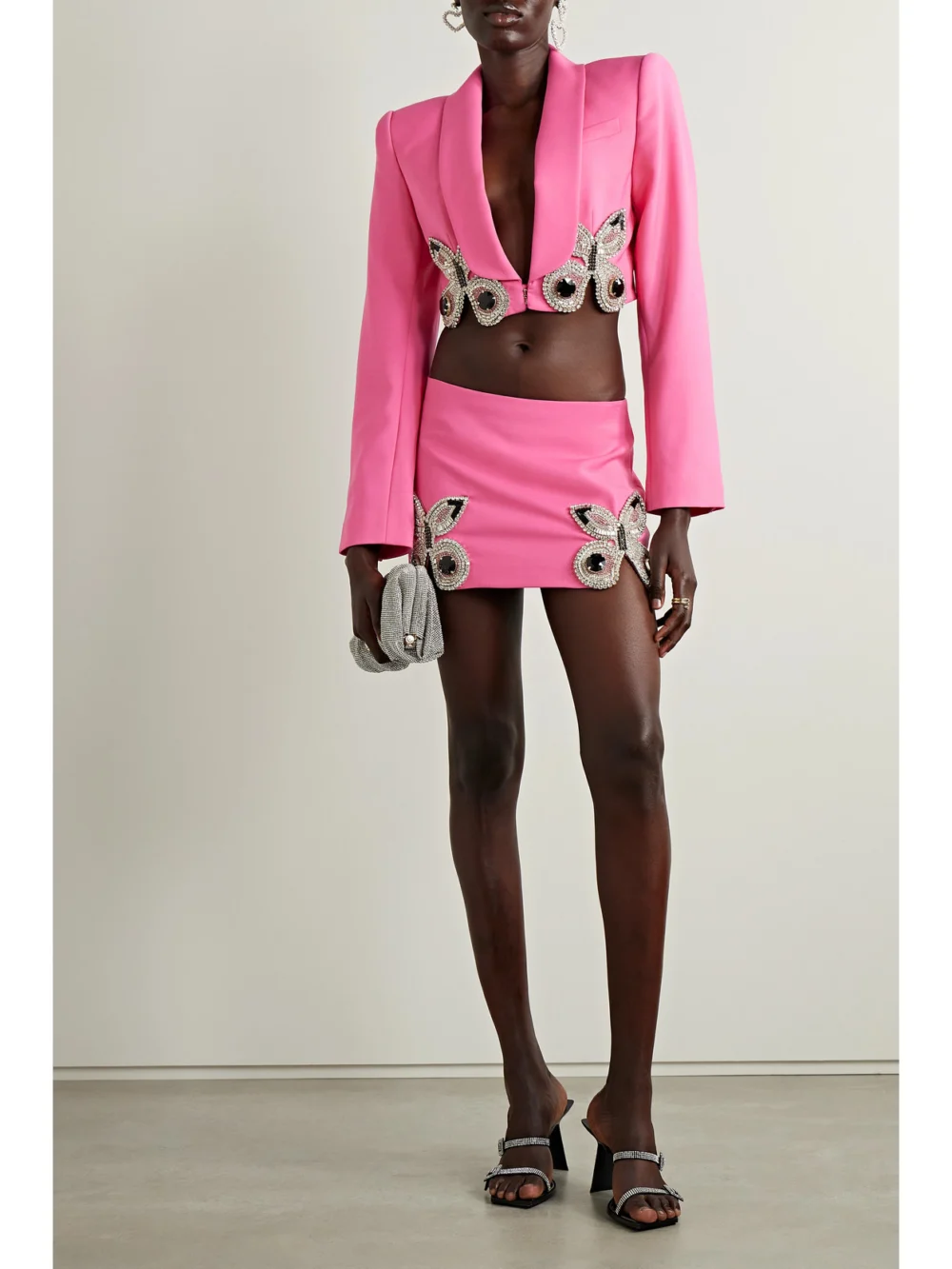 Area Cropped Crystal-embellished Wool-blend Crepe Blazer, worn by a model