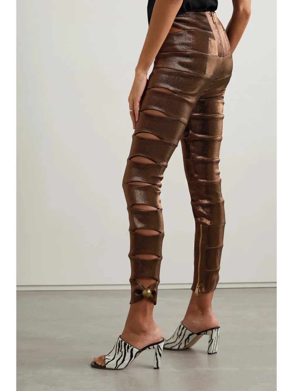 Back view of the Area Embellished Cutout Metallic Stretch-twill Leggings