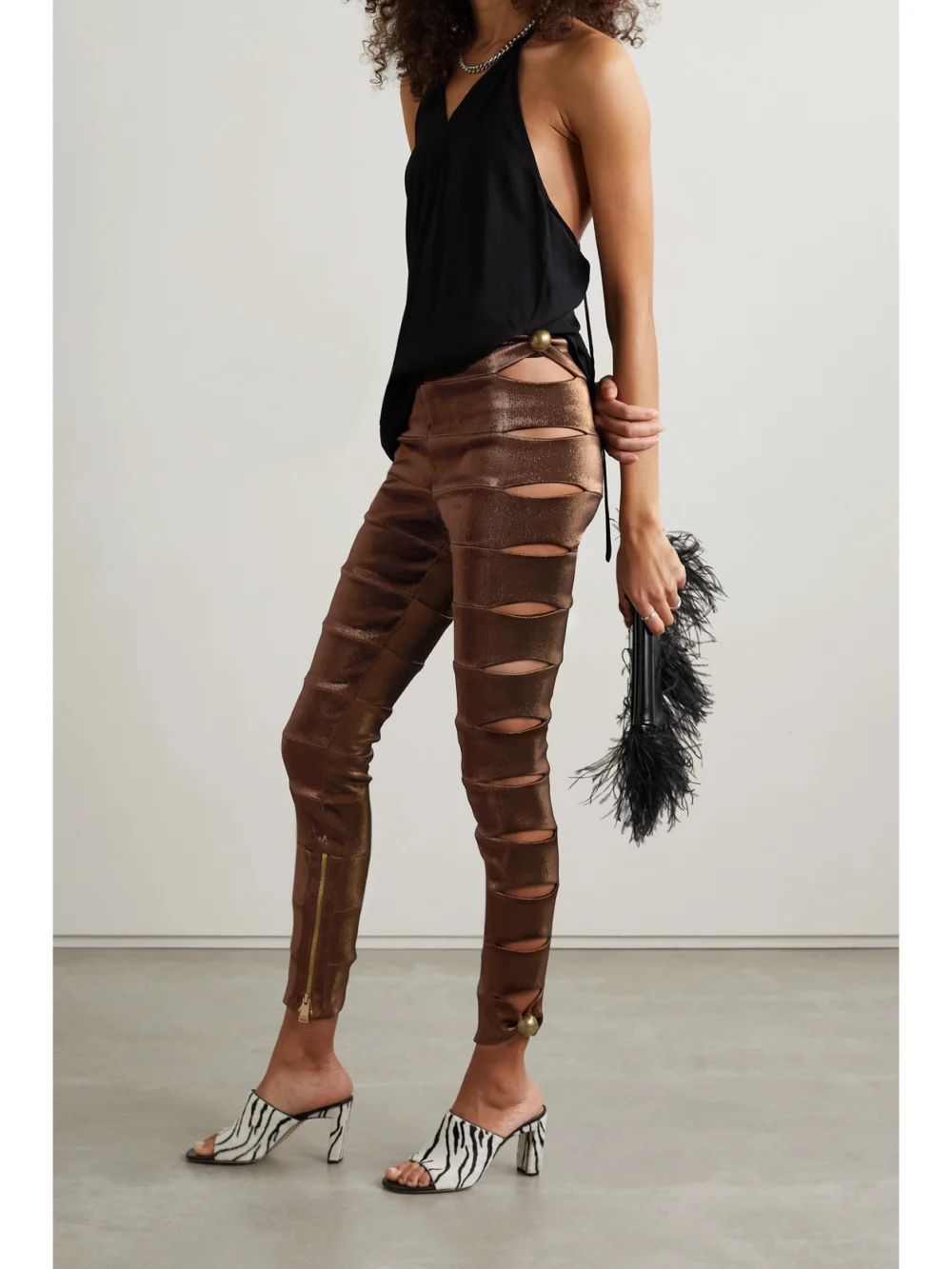 Area Embellished Cutout Metallic Stretch-twill Leggings, worn by a model