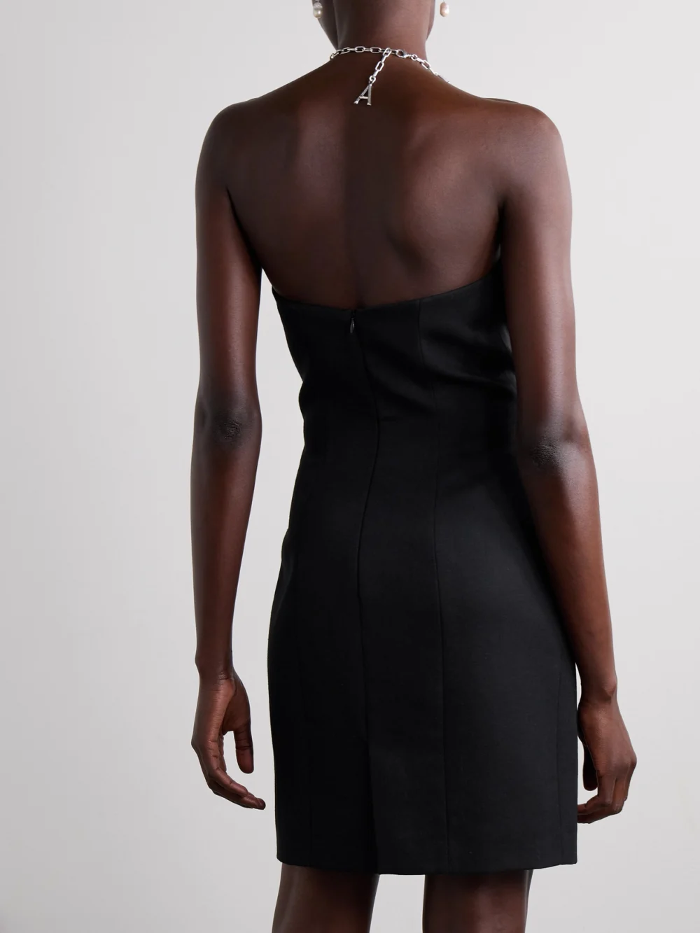 Back view of the Area Embellished Wool-twill Halterneck Mini Dress