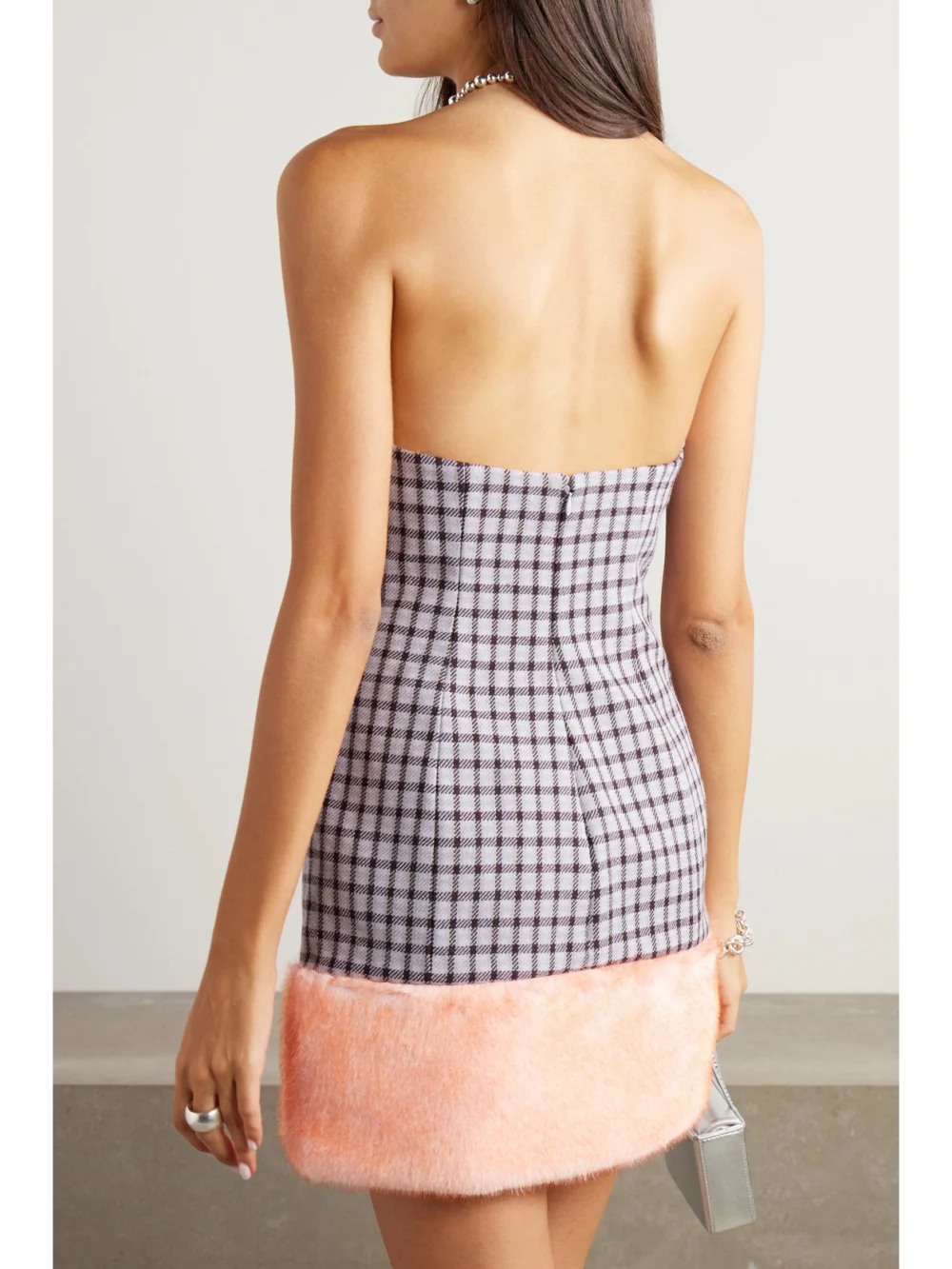 Back view of the Area Strapless Embellished Faux Fur-trimmed Houndstooth Wool-blend Mini Dress
