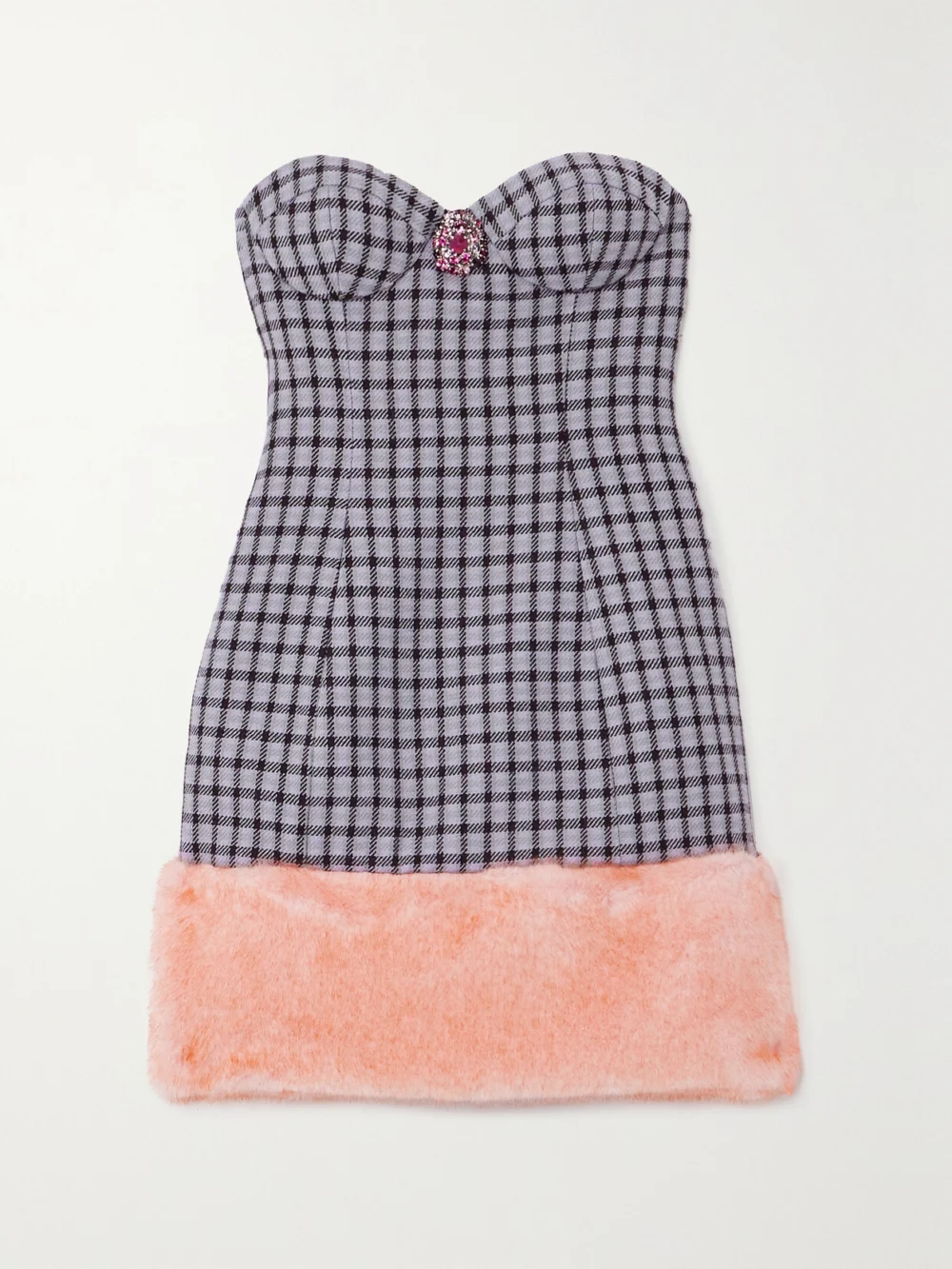 Area Strapless Embellished Faux Fur-trimmed Houndstooth Wool-blend Mini Dress in lilac