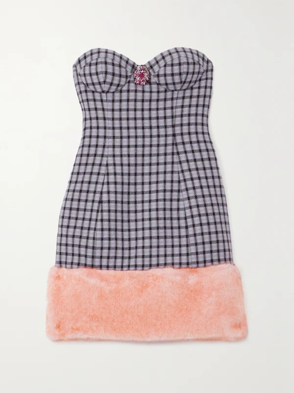 Area Strapless Embellished Faux Fur-trimmed Houndstooth Wool-blend Mini Dress
