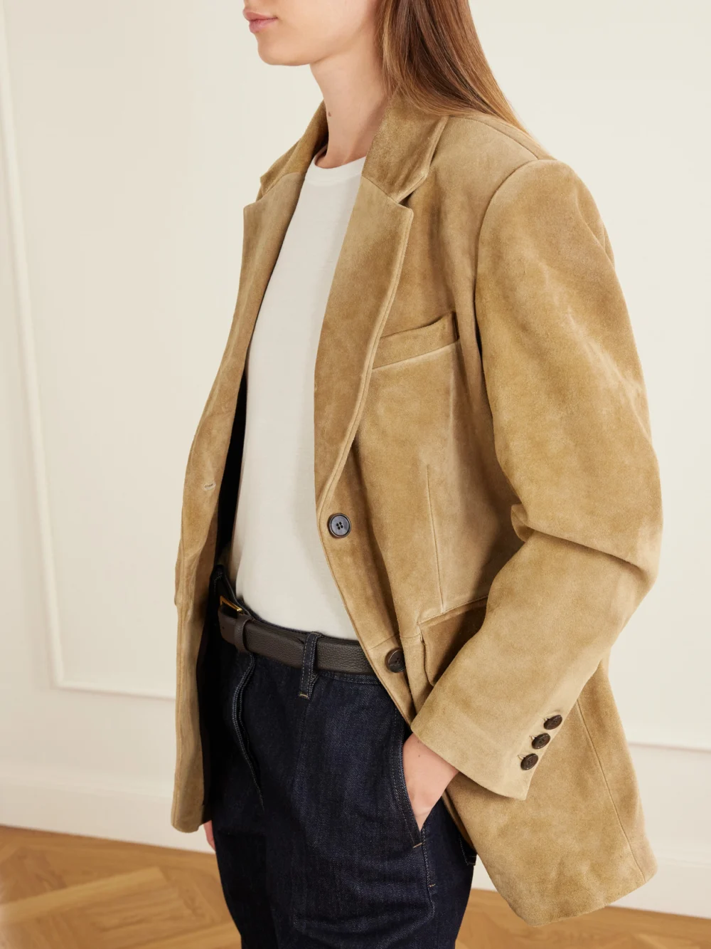 Close-up detail of the Arma Benny Paneled Suede Blazer