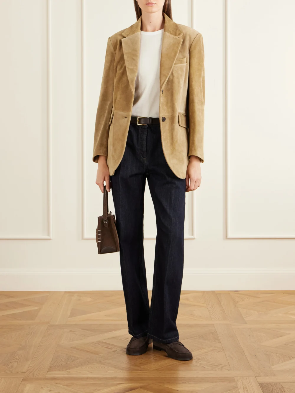 Arma Benny Paneled Suede Blazer, worn by a model