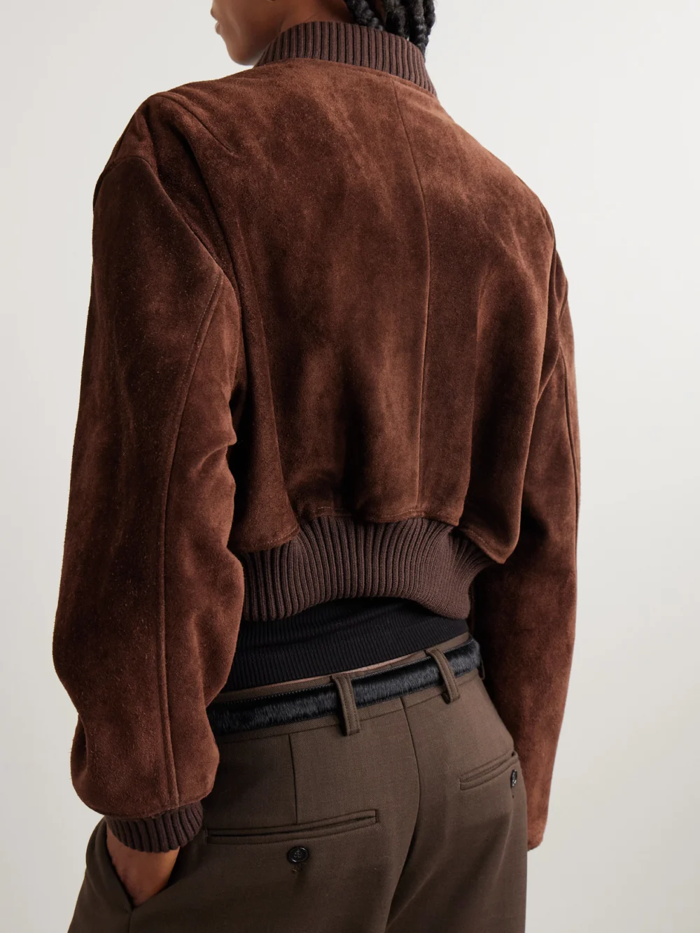 Back view of the Arma Elettra Cropped Suede Bomber Jacket