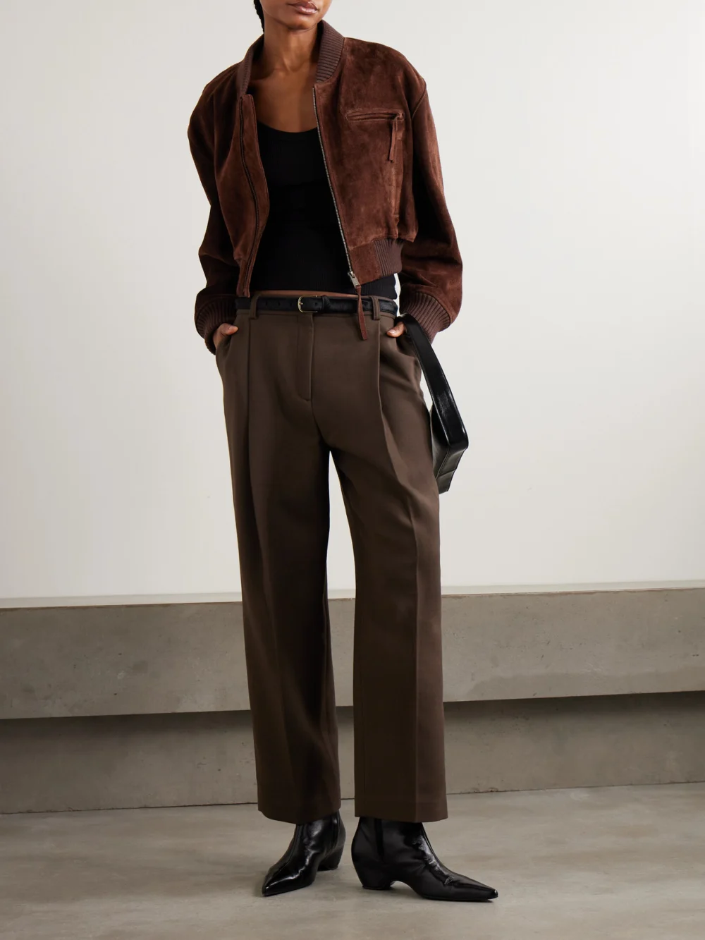 Arma Elettra Cropped Suede Bomber Jacket, worn by a model