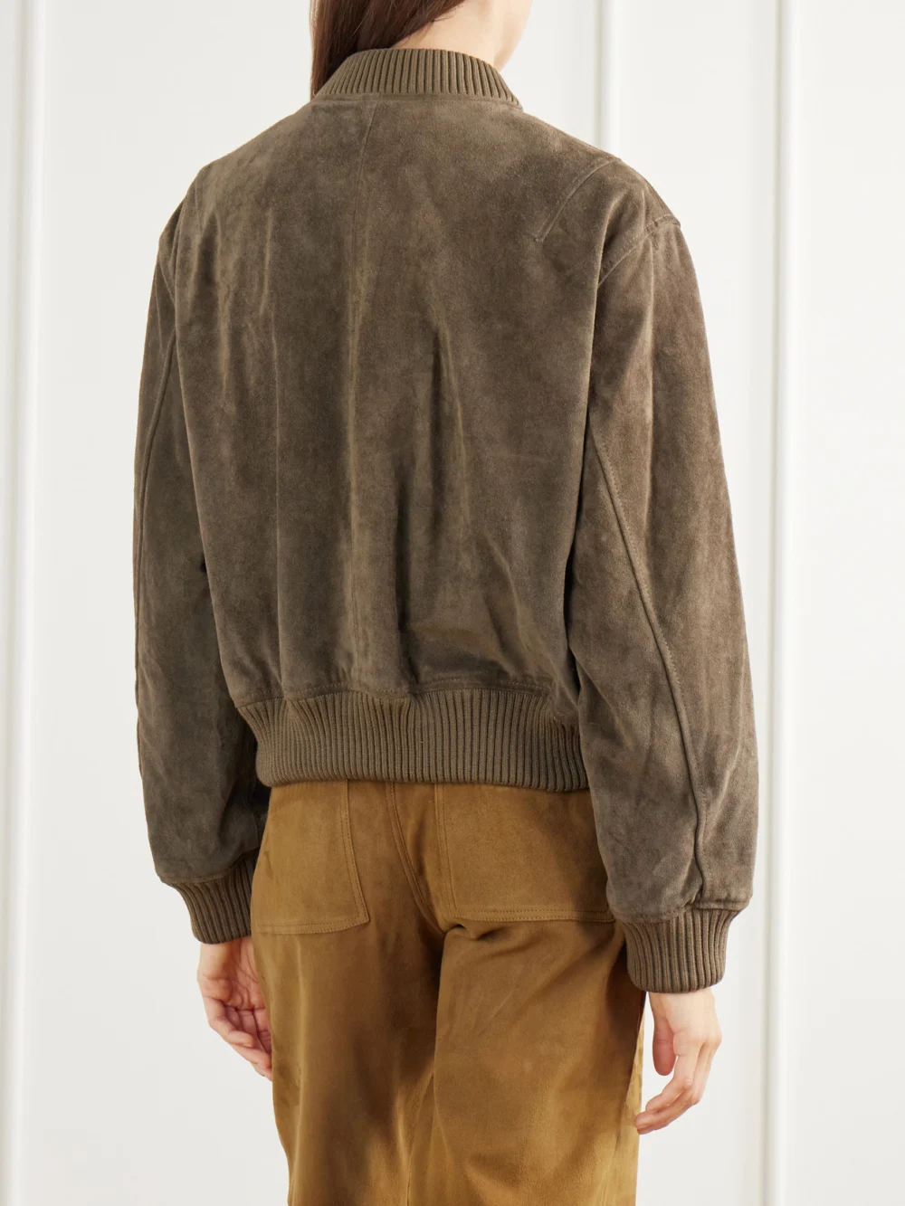 Back view of the Arma Elysia Rib-trimmed Suede Bomber Jacket