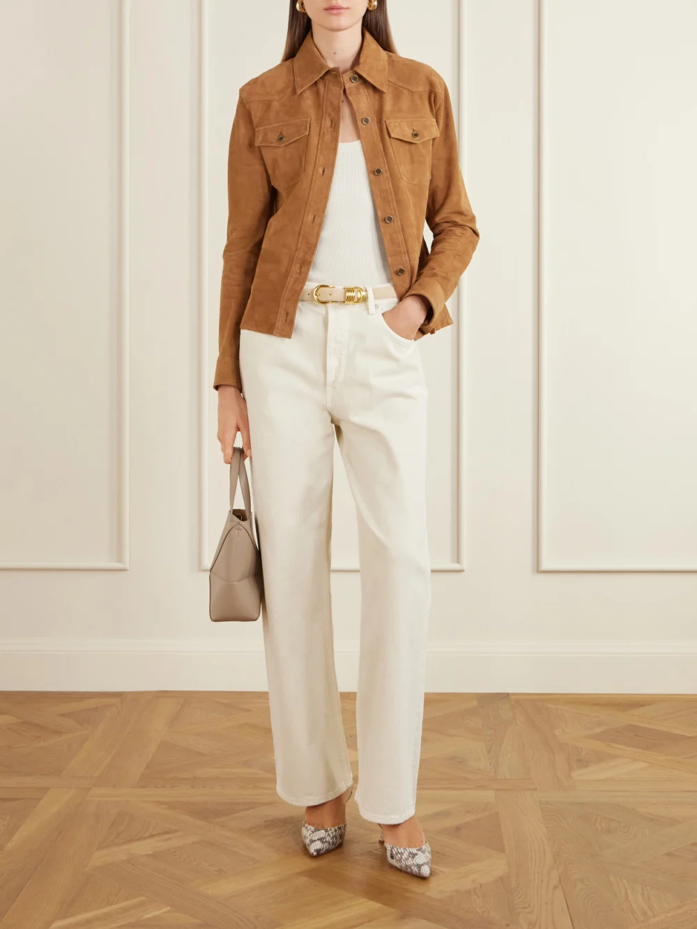Arma Faye Suede Jacket, worn by a model