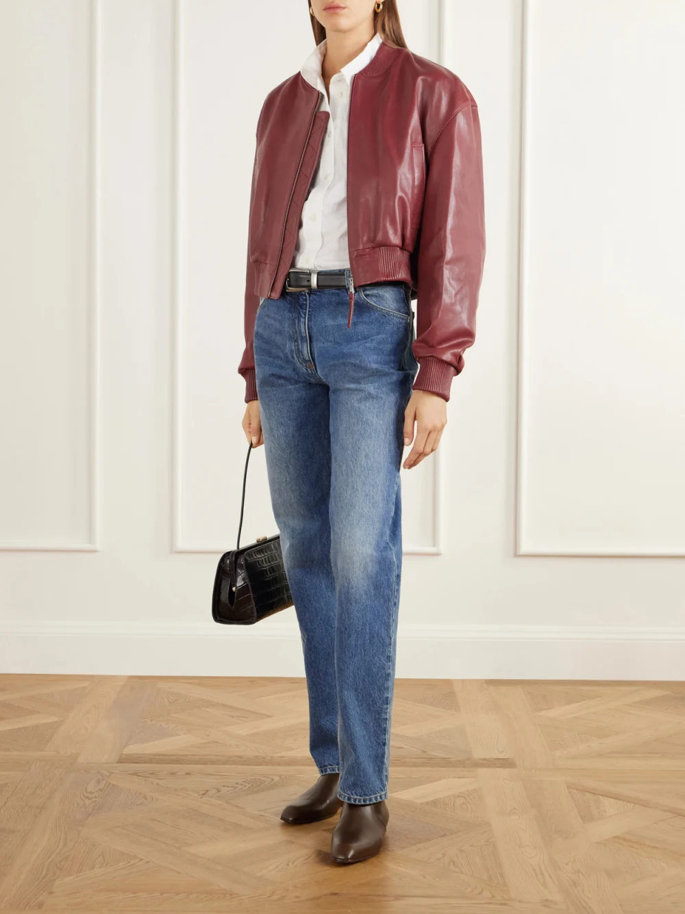 Arma Hannan Leather Bomber Jacket, worn by a model