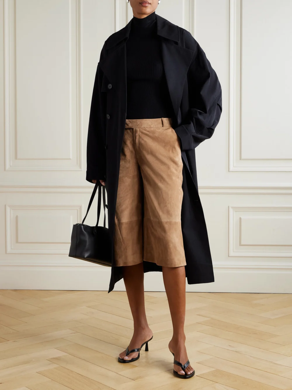 Arma Jina Paneled Suede Shorts, worn by a model