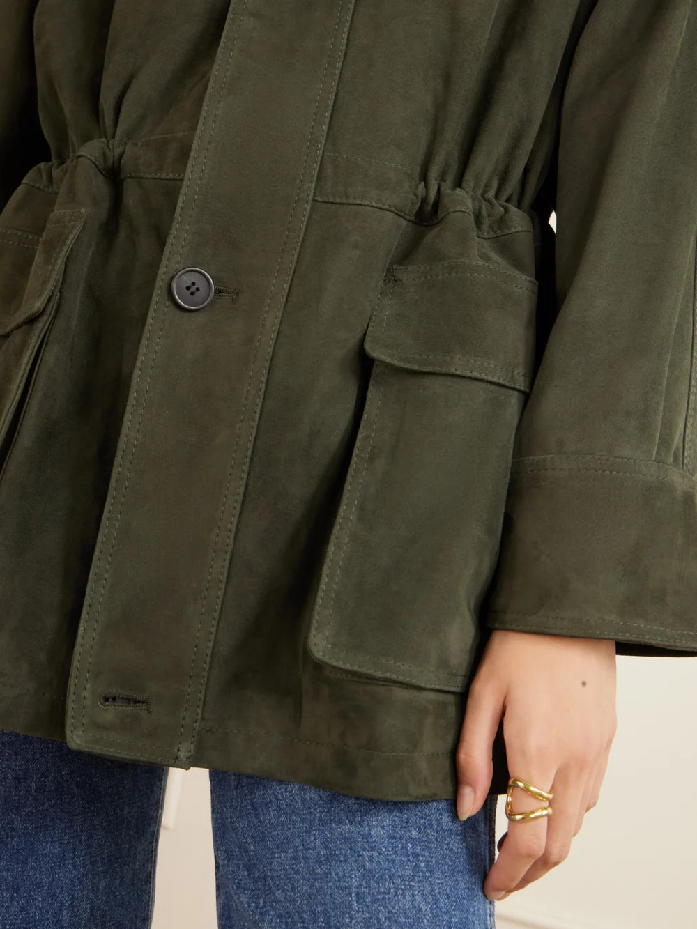 Close-up detail of the Arma Maeve Paneled Suede Jacket