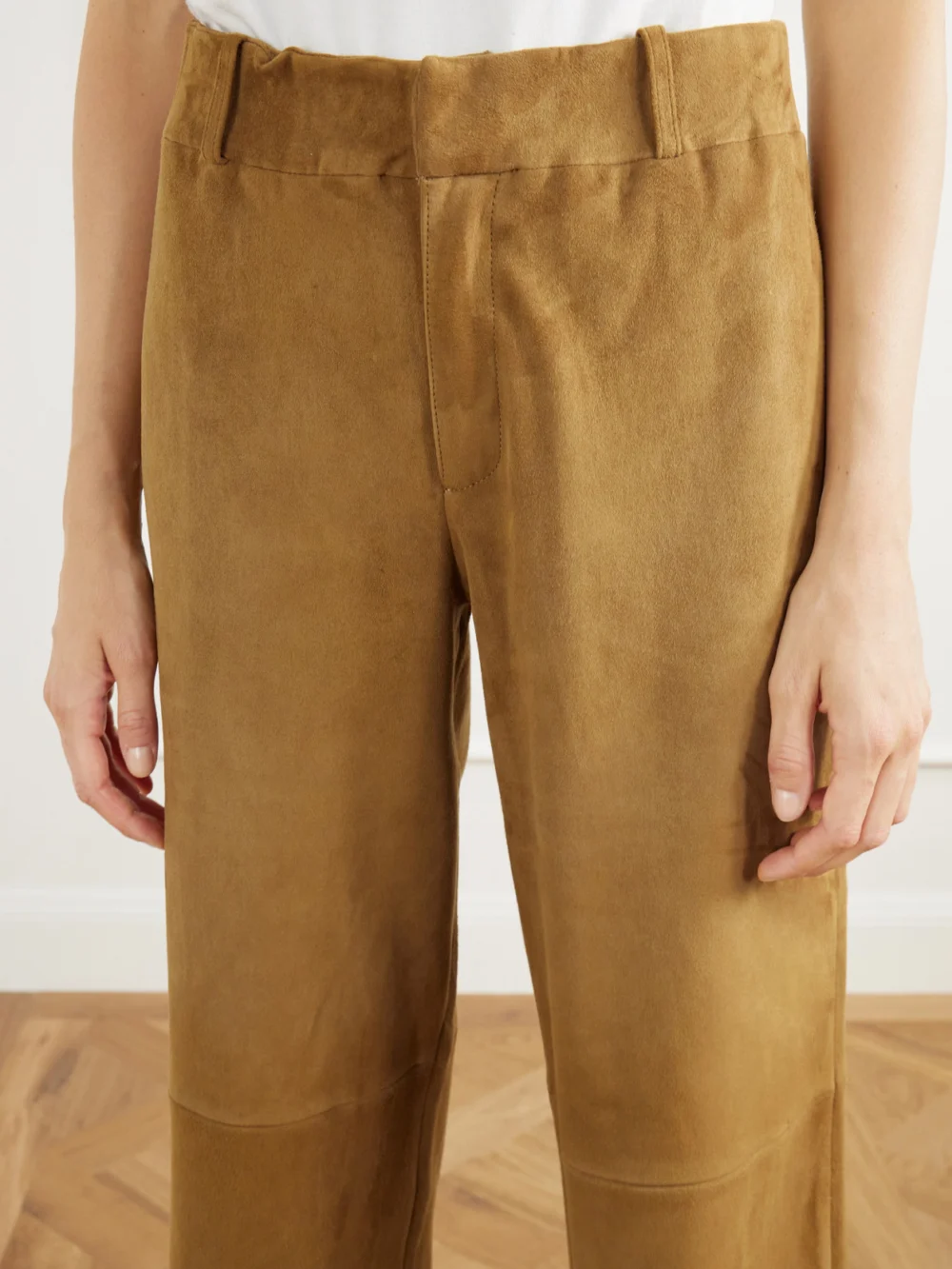 Close-up detail of the Arma Marina Paneled Stretch Suede Wide-leg Pants