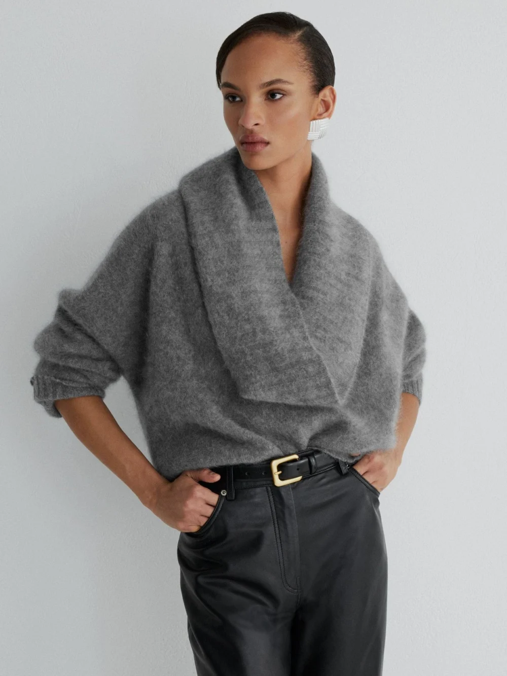 Atelier Atelier Brushed Cashmere Cowl-neck Jumper, Grey, view 4