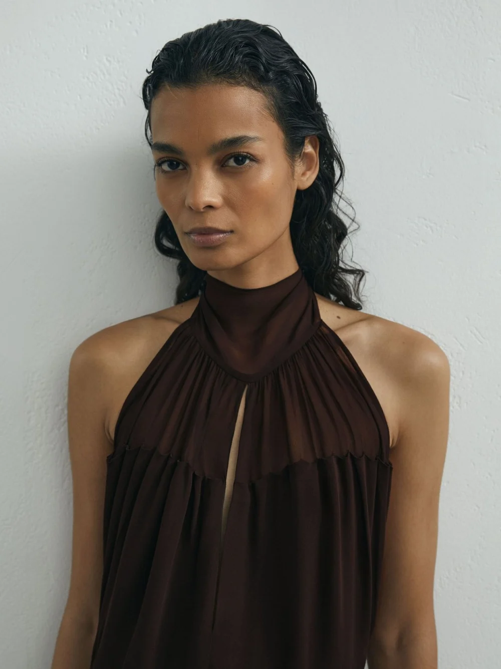 Atelier Atelier Chiffon Draped Halterneck Maxi Dress, Chocolate, view 3