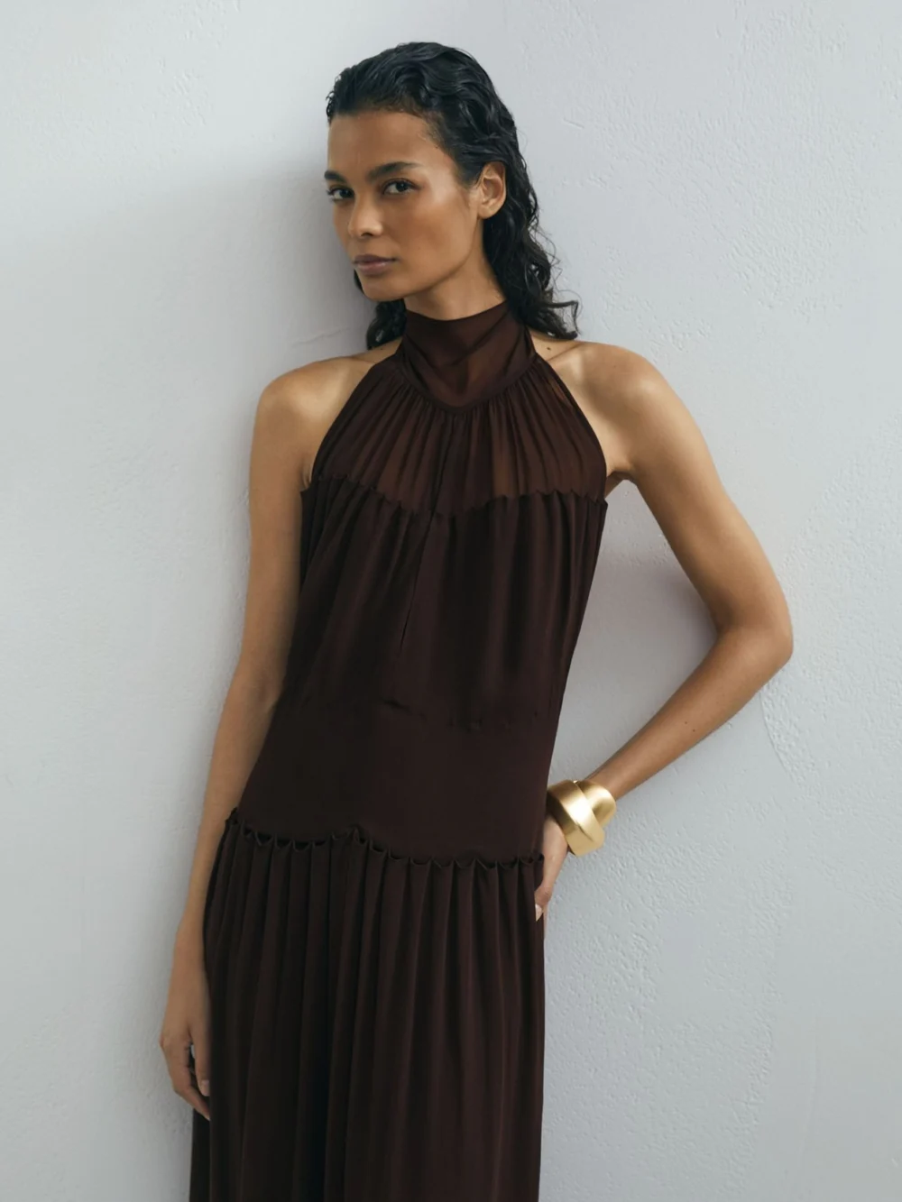 Atelier Atelier Chiffon Draped Halterneck Maxi Dress, Chocolate, view 4
