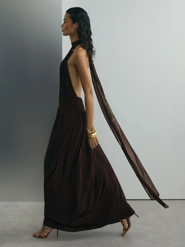 Atelier Atelier Chiffon Draped Halterneck Maxi Dress, Dark Brown