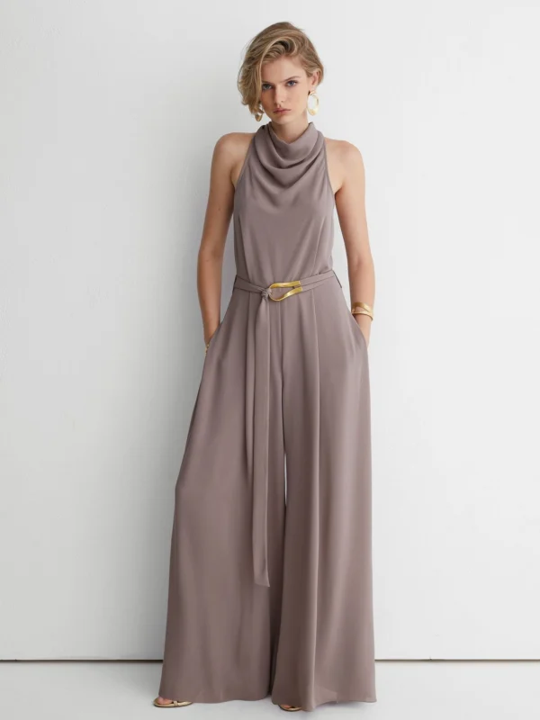Atelier Atelier Cowl-neck Belted Wide-leg Jumpsuit, Taupe