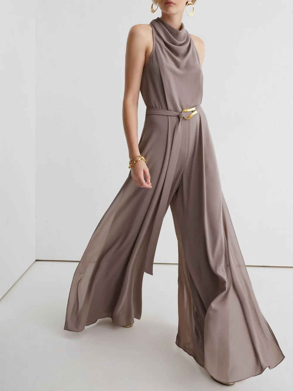 Atelier Atelier Cowl-neck Belted Wide-leg Jumpsuit, Taupe, view 4