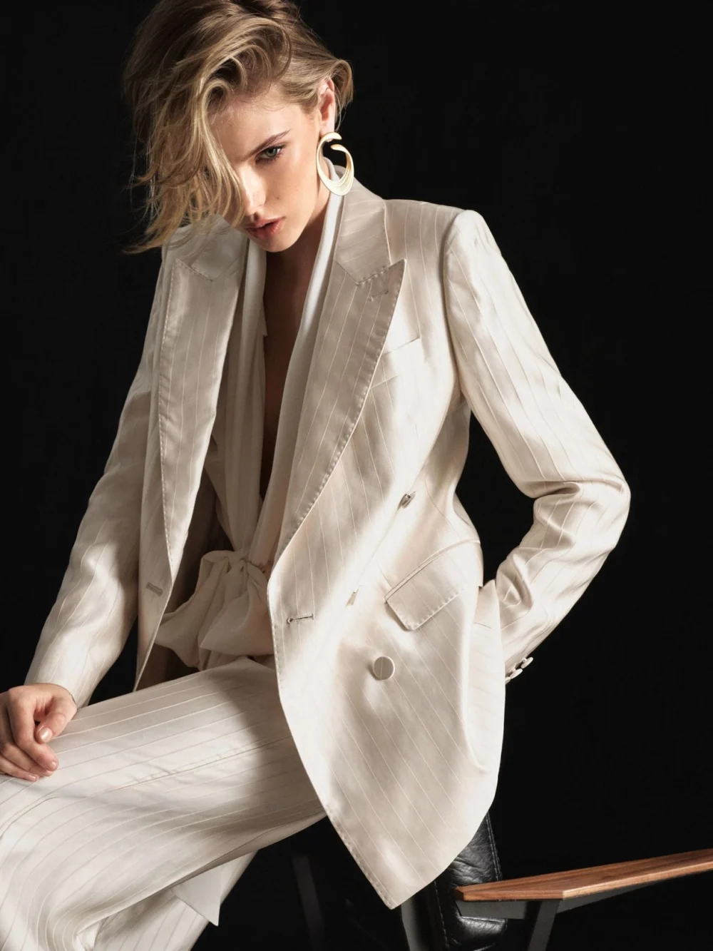 Atelier Atelier Cream Satin Pinstripe Double-breasted Blazer