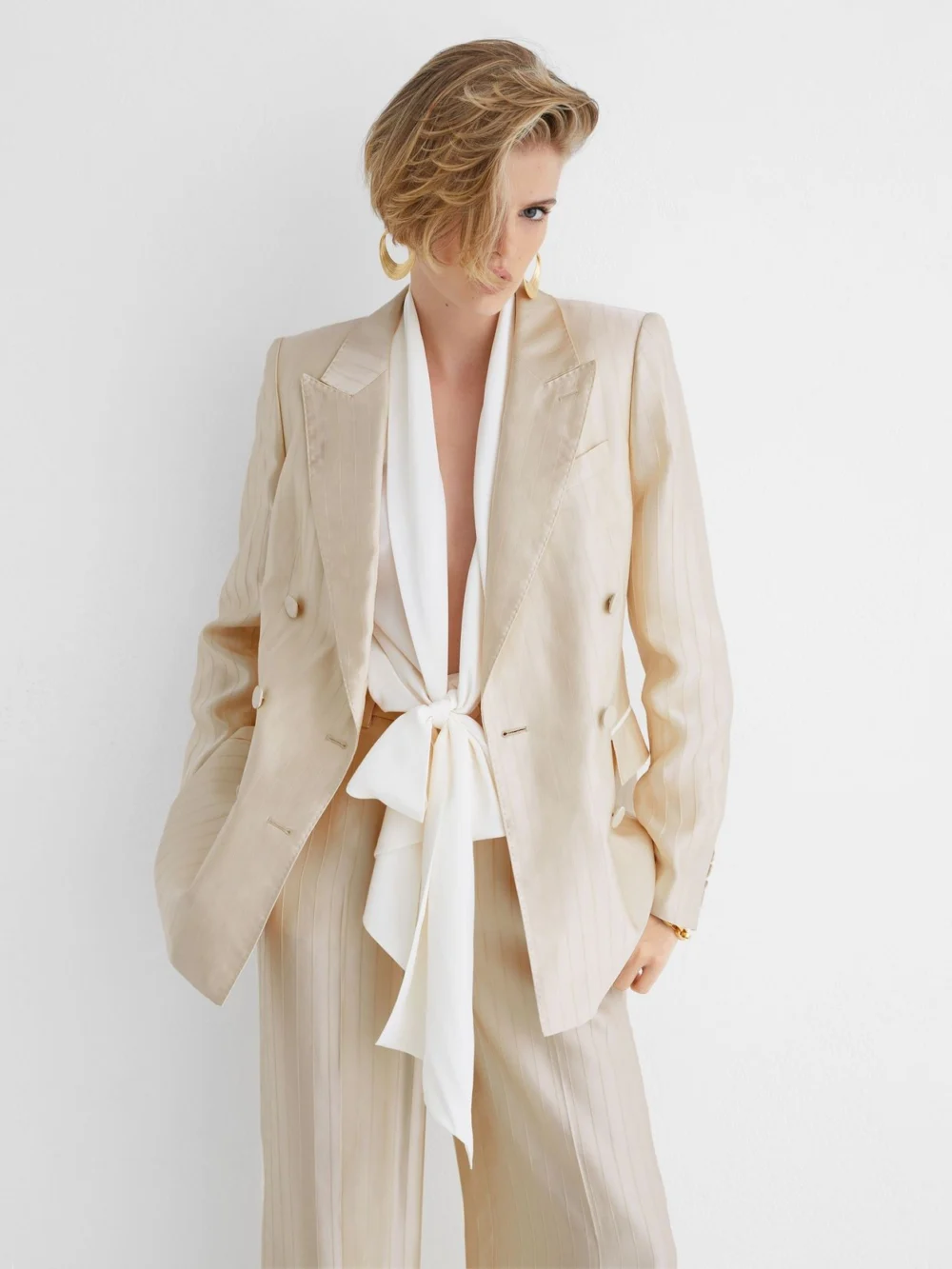 Atelier Atelier Cream Satin Pinstripe Double-breasted Blazer, view 3