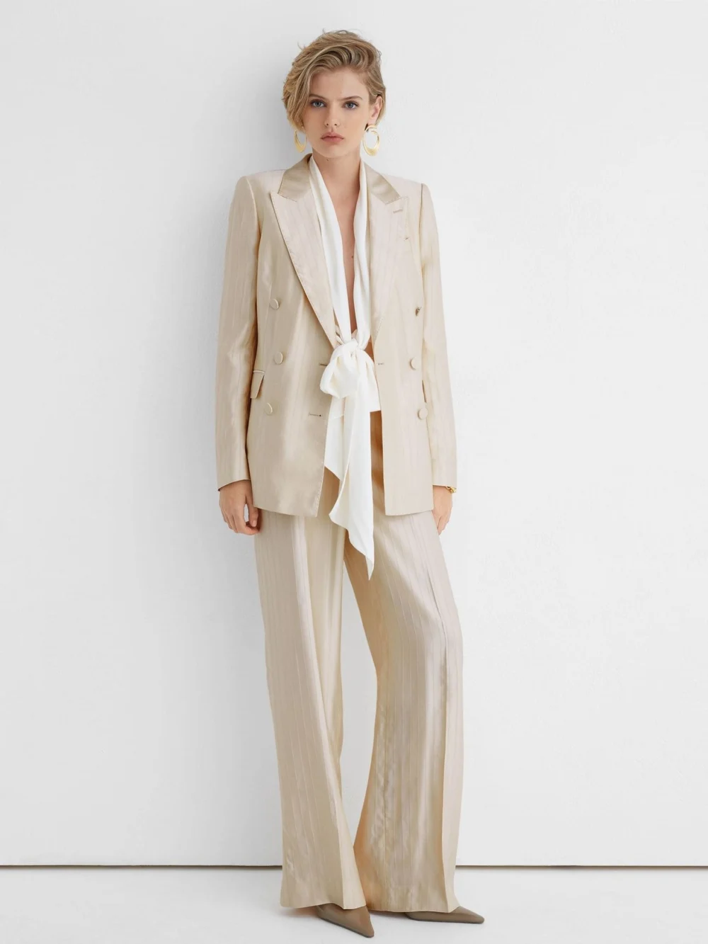 Atelier Atelier Cream Satin Pinstripe Double-breasted Blazer, view 4