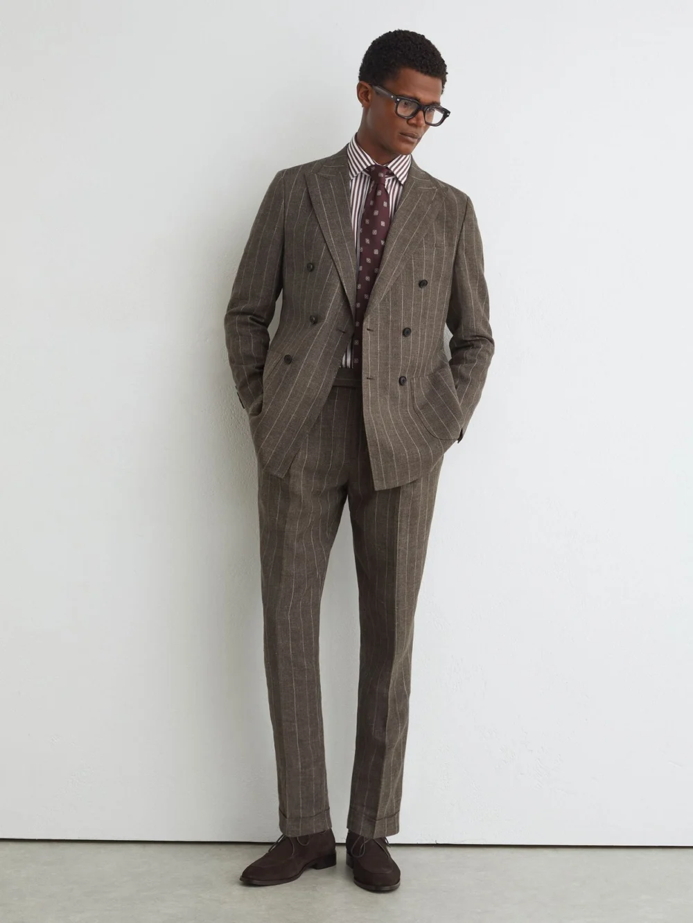 Atelier Atelier Linen-cotton Pinstripe Double-breasted Blazer, Brown, view 3