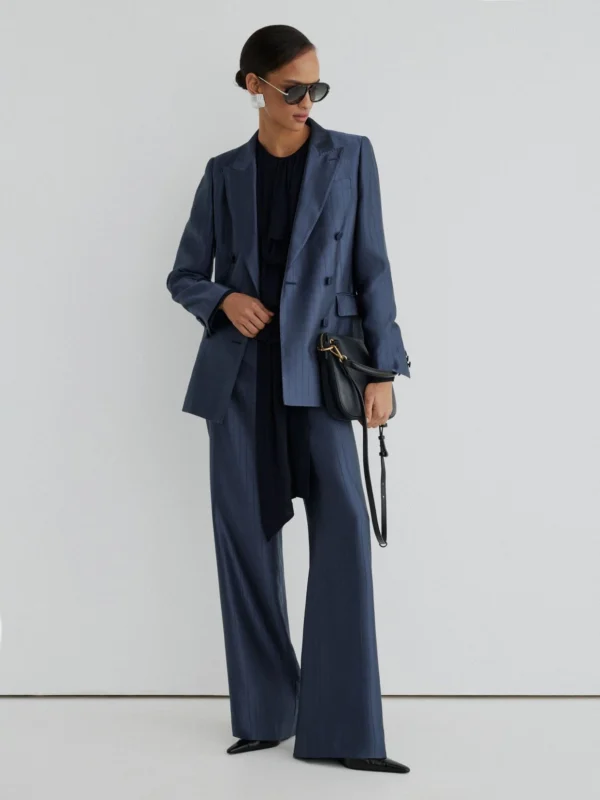 Atelier Atelier Navy Satin Pinstripe Double Breasted Blazer