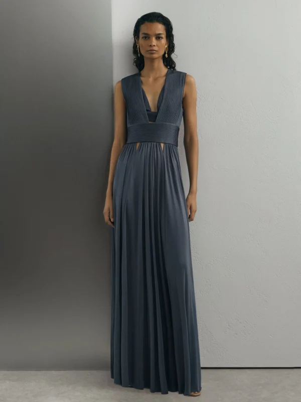 Atelier Atelier Pleated Plunge-neck Maxi Dress, Grey