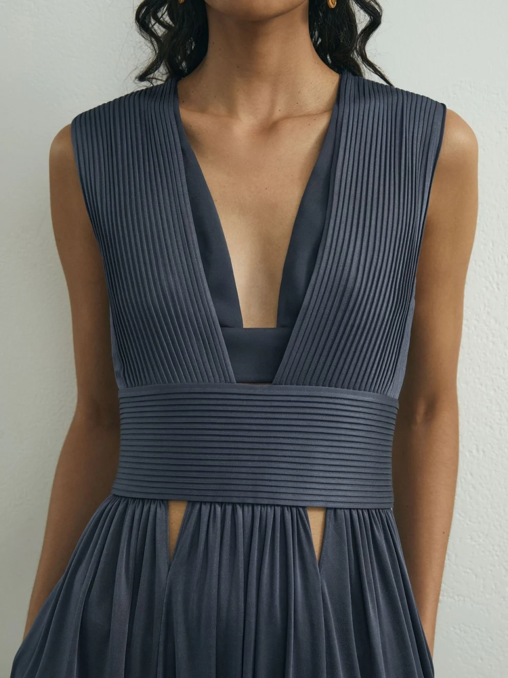Atelier Atelier Pleated Plunge-neck Maxi Dress, Grey, view 3