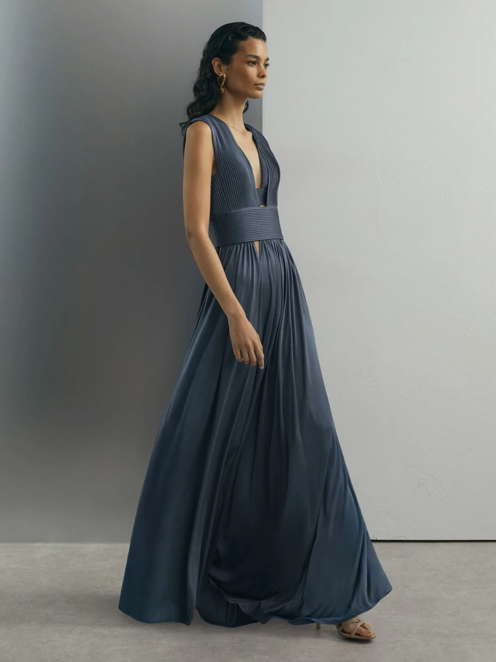 Atelier Atelier Pleated Plunge-neck Maxi Dress, Grey, view 4