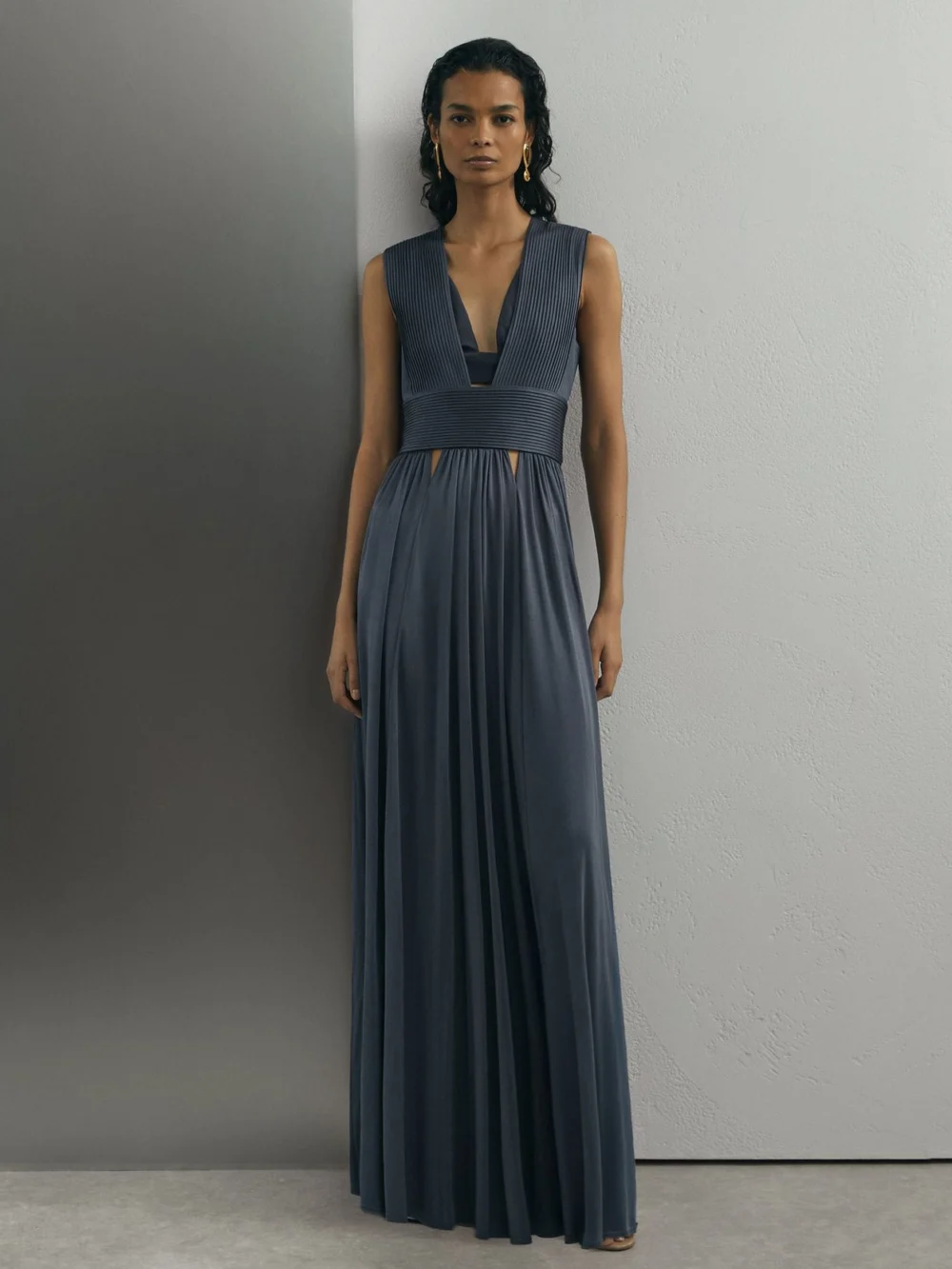 Atelier Atelier Pleated Plunge-neck Maxi Dress, Teal