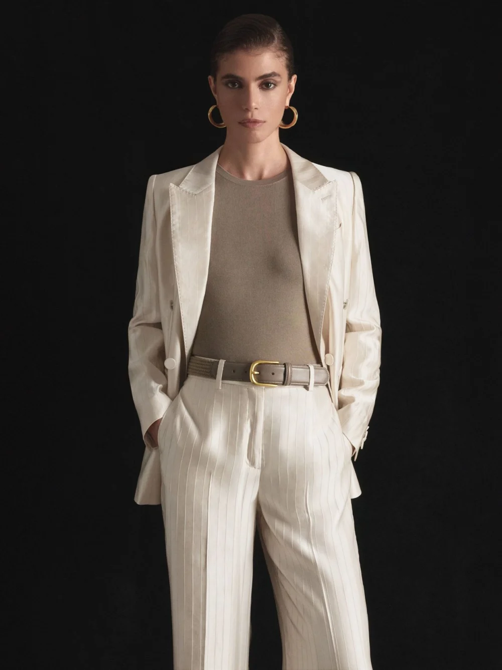 Atelier Atelier Satin Pinstripe Wide-leg Trousers, Cream, view 3