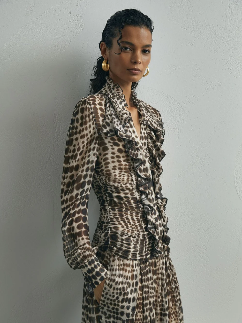Atelier Atelier Silk-blend Ruffled Blouse, Animal Print, view 4