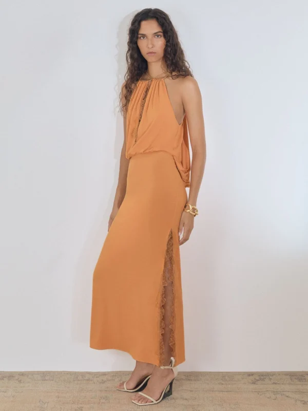 Atelier Atelier Women's Orange Lace Trim Drape Jersey Maxi Dress