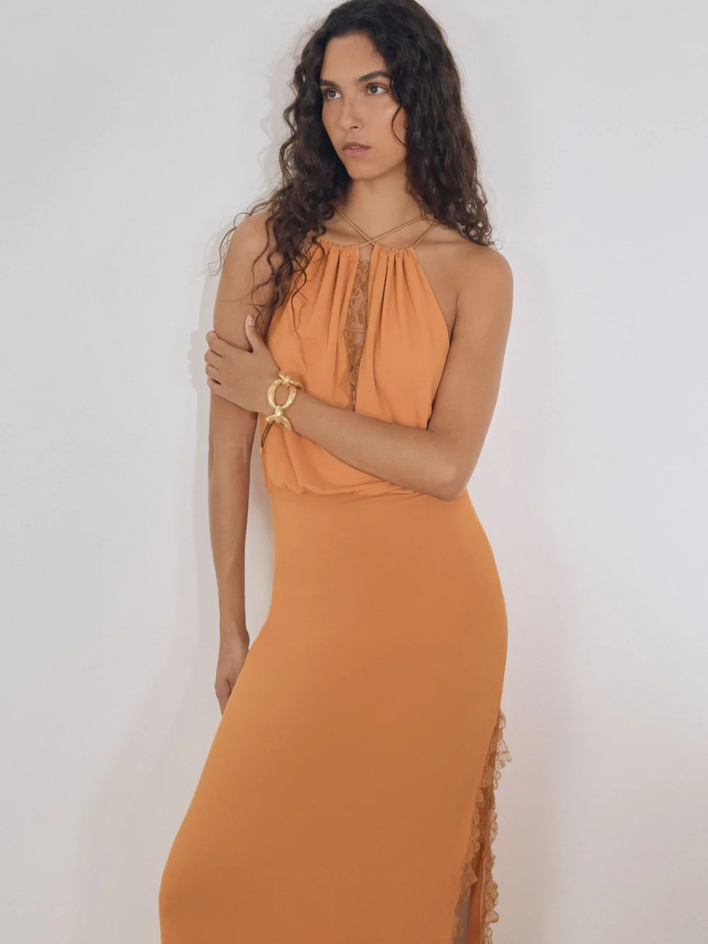 Atelier Atelier Women's Orange Lace Trim Drape Jersey Maxi Dress, view 3