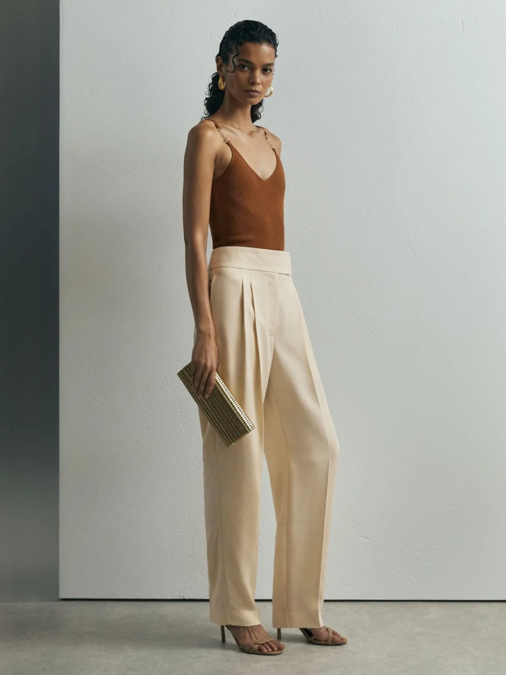 Atelier Atelier Woven Tapered Pleated Trousers, Cream