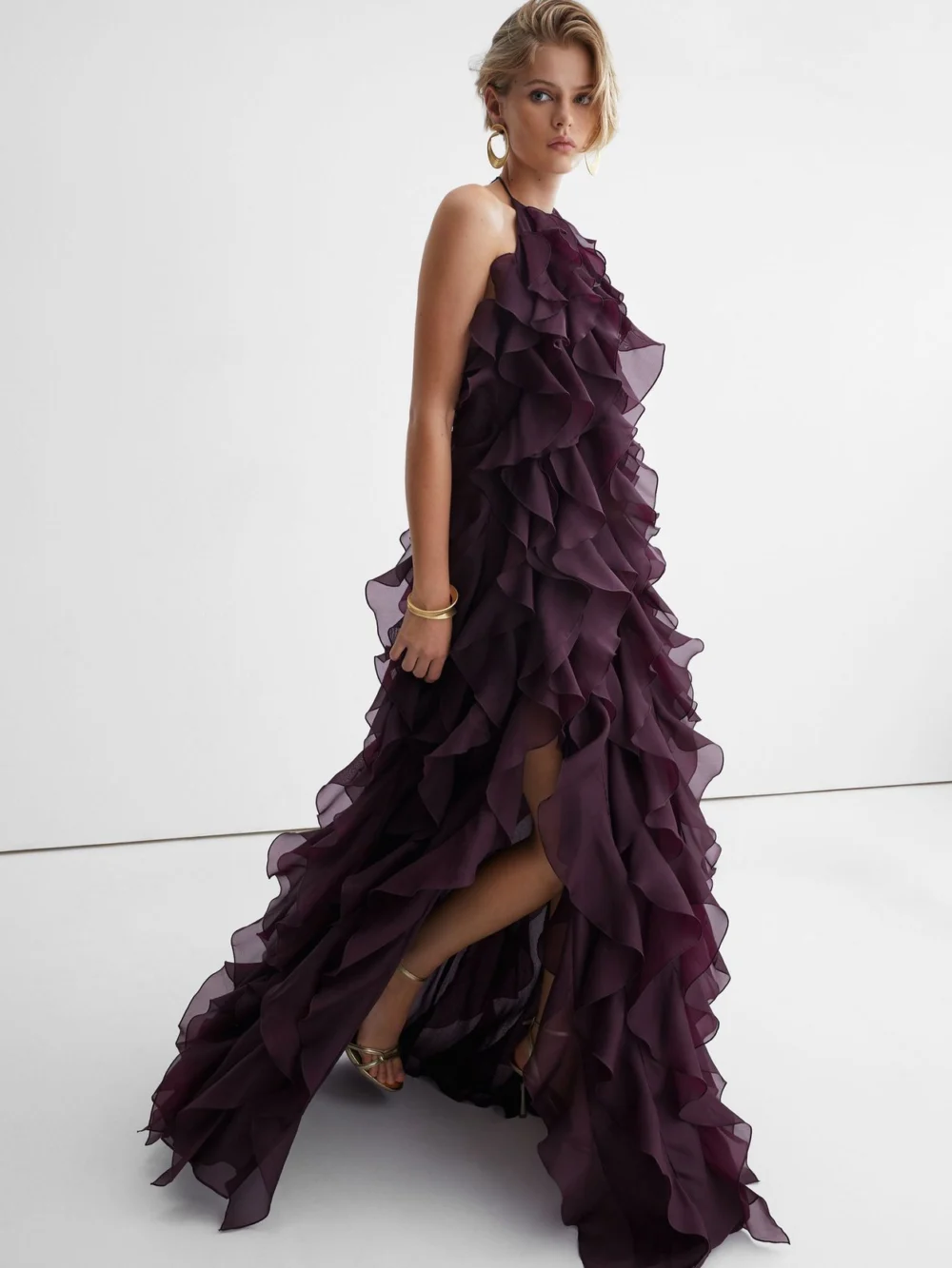 Atelier Grape Burgundy Atelier Silk-organza Ruffle Maxi Dress, view 3