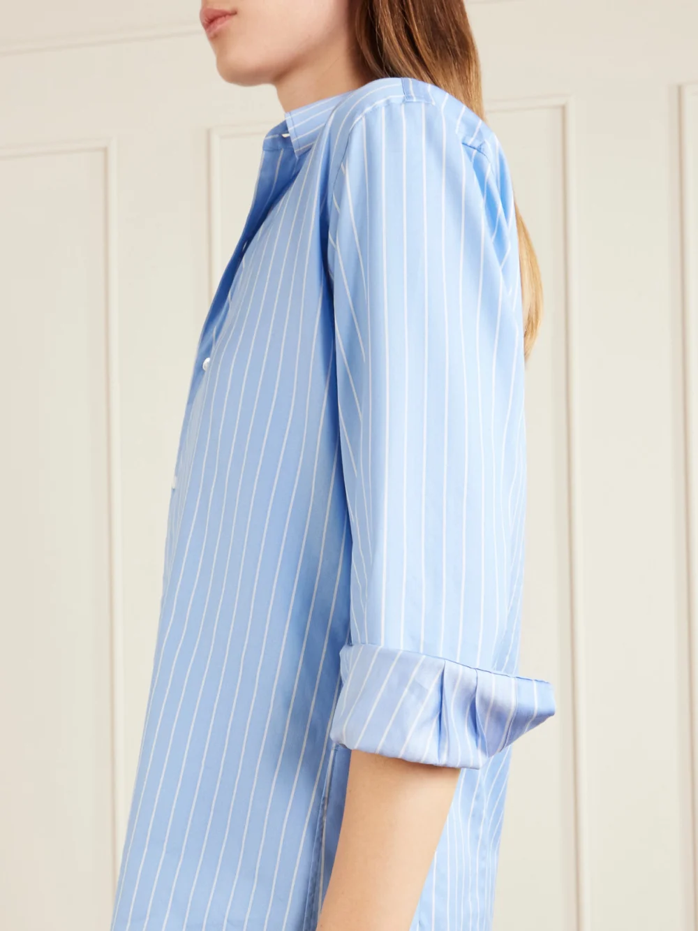 Close-up detail of the Auralee Striped Cotton and Silk-blend Shirt