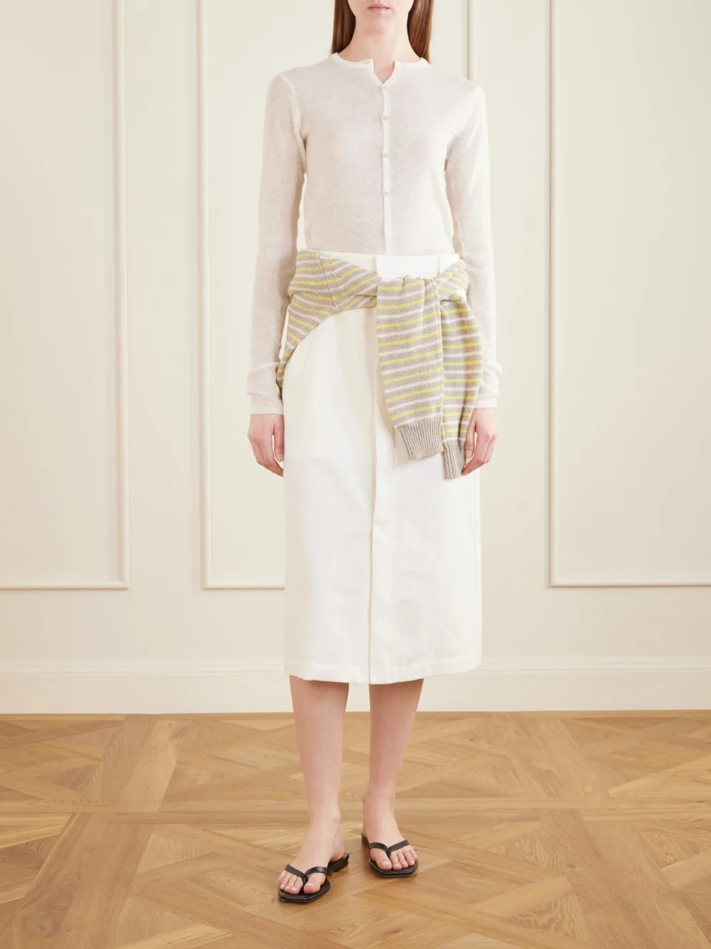 Auralee Wool, Cotton and Linen-blend Skirt, worn by a model