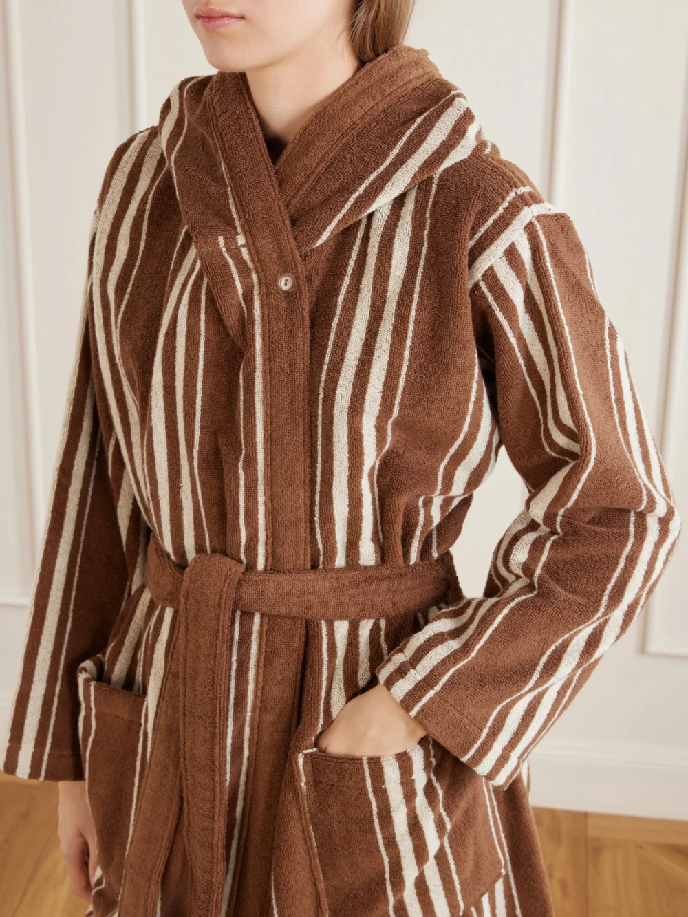 Close-up detail of the Autumn Sonata Charlotte Striped Cotton-terry Robe