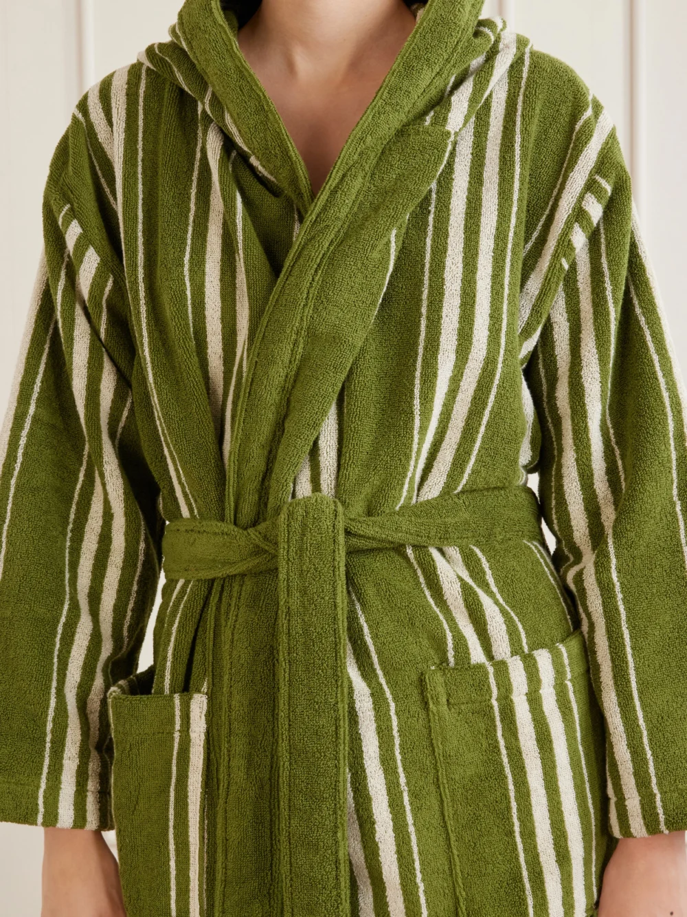 Close-up detail of the Autumn Sonata Charlotte Striped Cotton-terry Robe