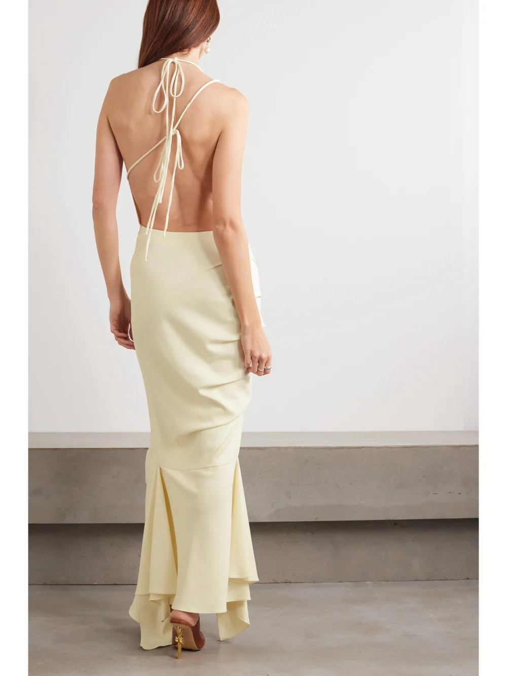 Back view of the A.W.A.K.E. Mode Asymmetric Draped Stretch-crepe Gown