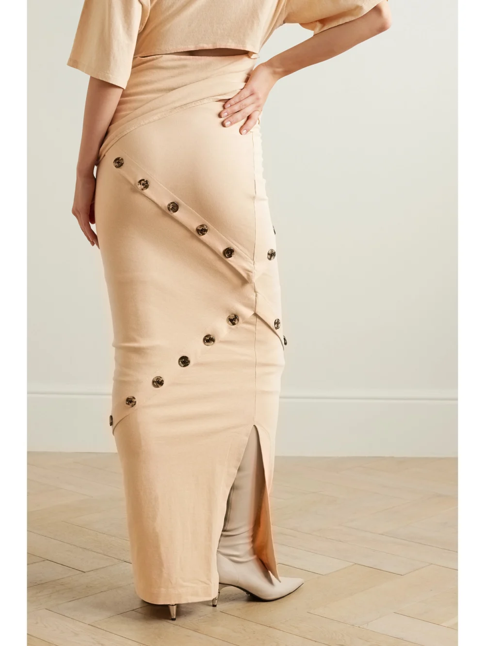Back view of the A.W.A.K.E. Mode Button-embellished Organic Cotton-jersey Maxi Skirt